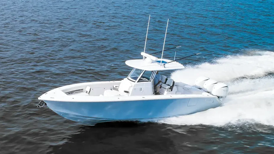 Jupiter 340LS white boat running in the ocean