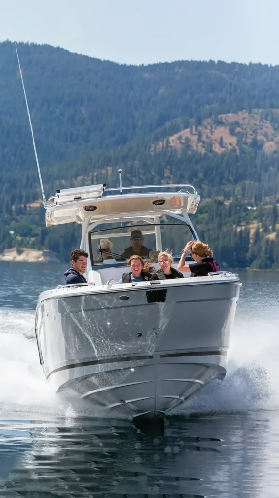 Solara S 250 view of the bow with guests on board as it races in the water