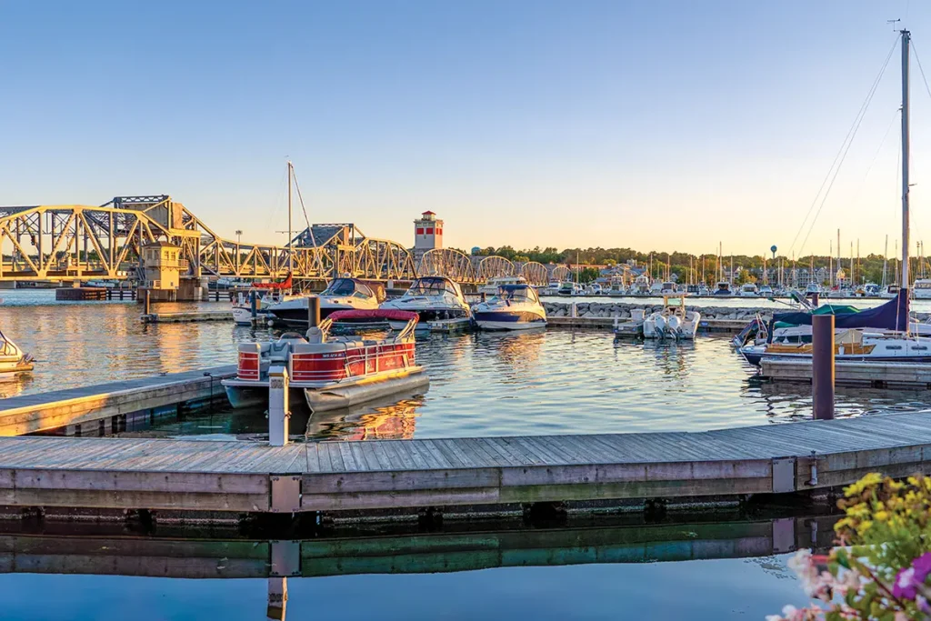 Boats in Sturgeon Bay, Wisconsin, at sunset