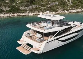 Large Yacht anchored near a shoreline