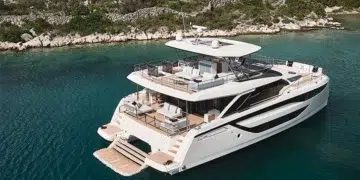 Large Yacht anchored near a shoreline