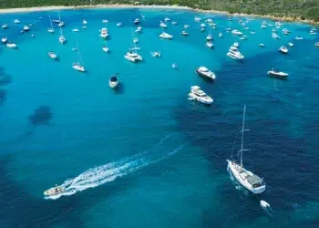 Aerial view of the Bahamas with boaters and cruisers at a marina