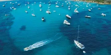 Aerial view of the Bahamas with boaters and cruisers at a marina
