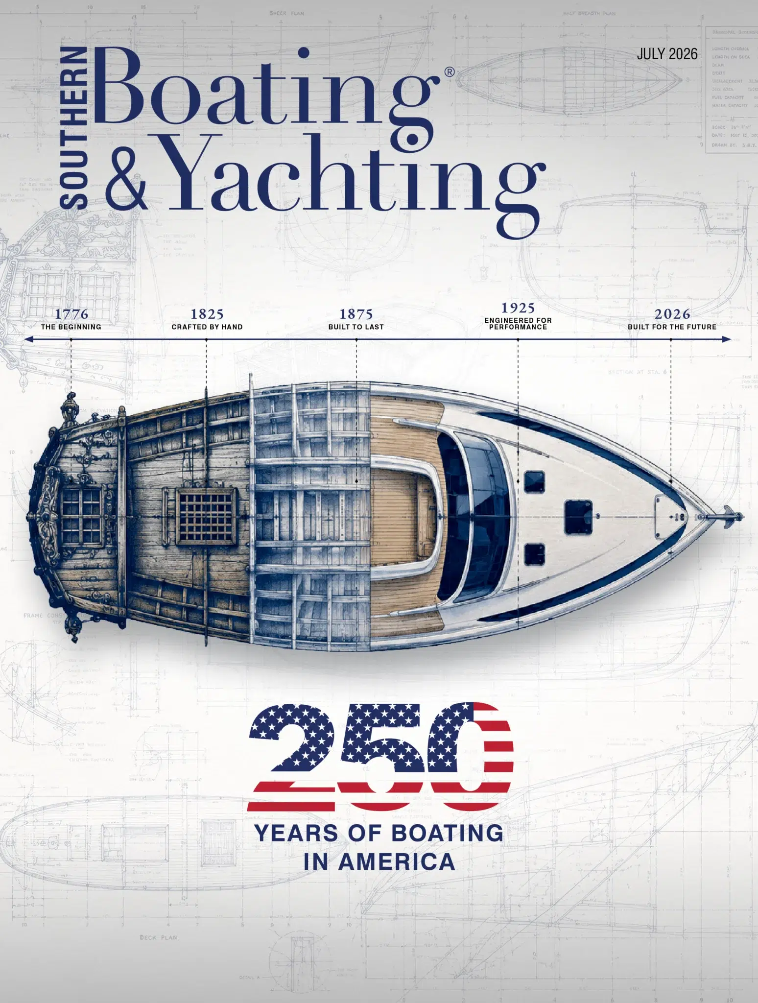 Southern Boating and Yachting Magazine Cover - July 2026, 250 years of Boating in America