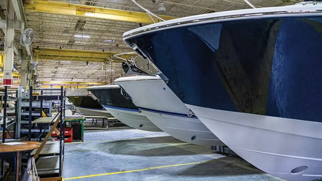 Pursuit Boats hulls lined in row in factory
