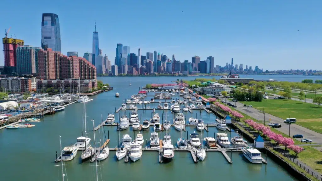 Liberty Landing Marina with the Manhattan skyline across the Hudson River