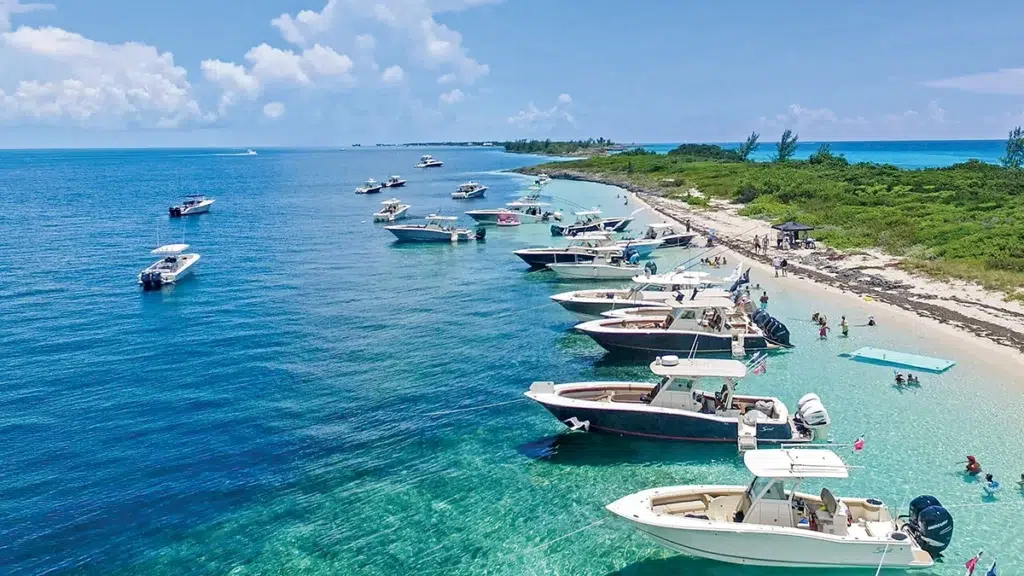 Scout Boats along a tropical beach on an owner rendezvous