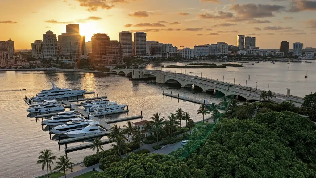 Town of Palm Beach Marina at sunset with the Palm Beach skylin