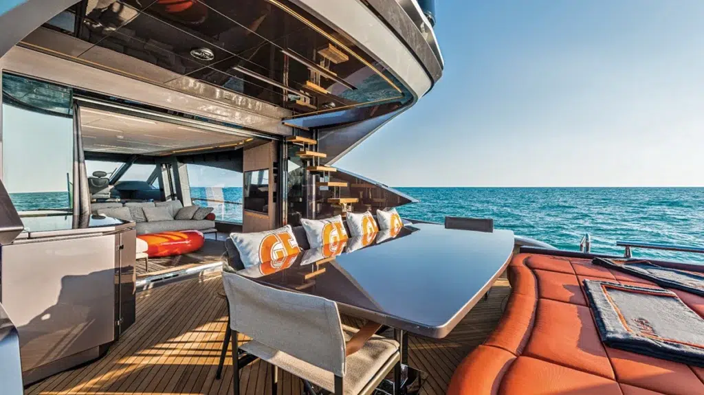 Aft deck lounge and dining table aboard the AB Yachts AB 80, open to the sea