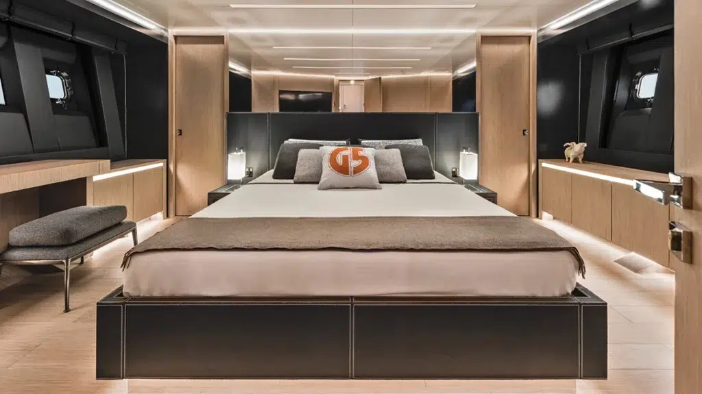 Owner's stateroom aboard the AB Yachts AB 80 with a centerline berth and dark wood paneling