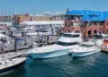 Power yachts on display on the docks at the Newport International Boat Show
