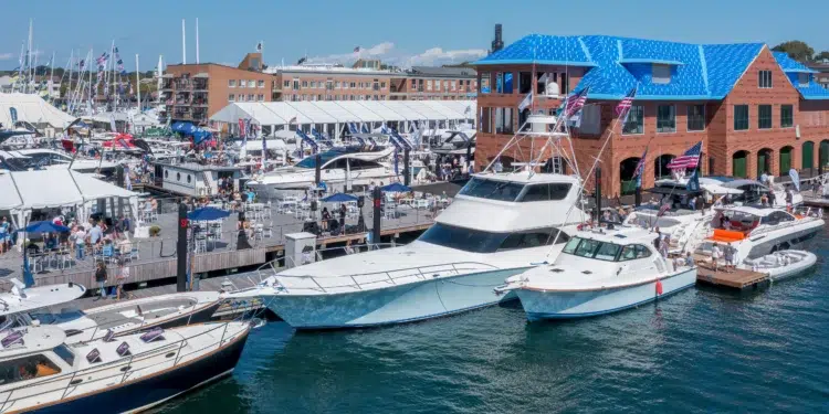 Power yachts on display on the docks at the Newport International Boat Show