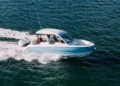 Beneteau Flyer 30 day boat running at speed on twin Mercury outboards