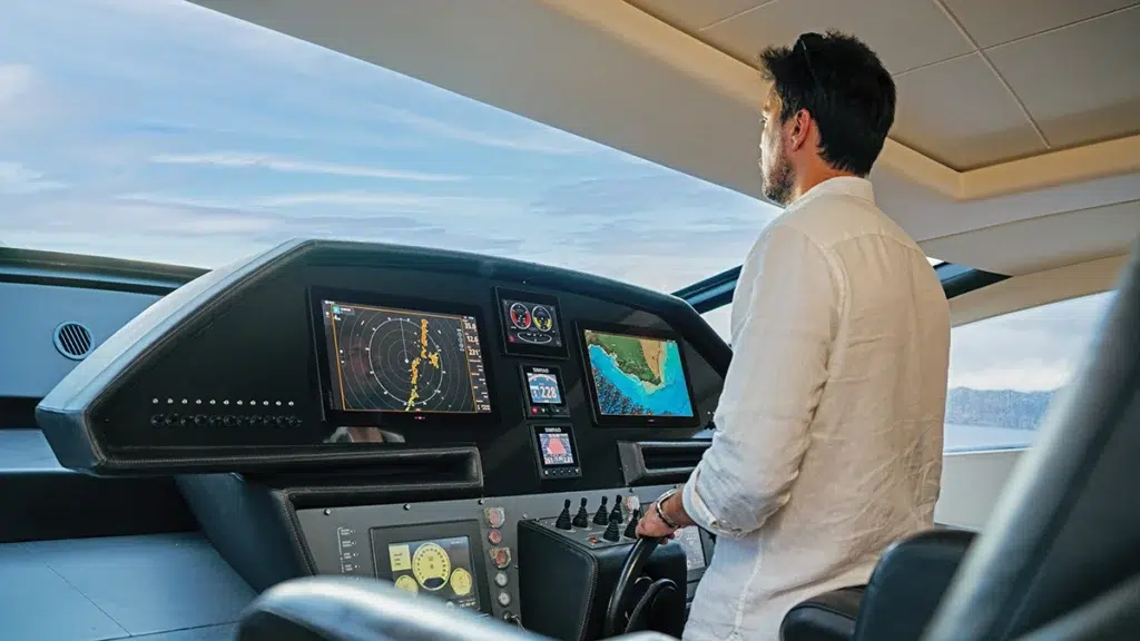 Driving boat with Simrad NSO 4 split-screen installed at the helm