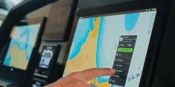 Simrad NSO 4 MFD in six-way split screen at a flush-mount helm