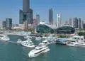 Horizon yachts berthed at Horizon City Marina below the Kaohsiung skyline in Taiwan