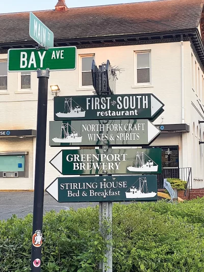 Greenport, NY restaurant directional map at the corner of Main and Bay ave.