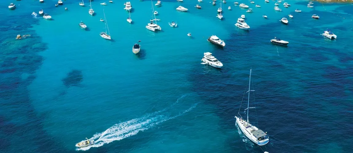 Aerial view of the Bahamas with boaters and cruisers at a marina