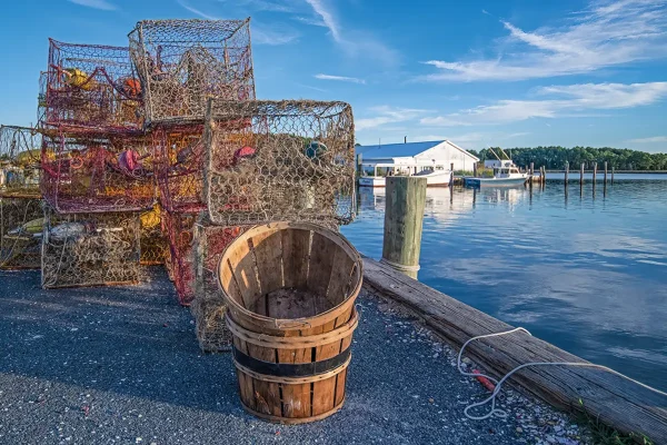 Crab pots and baskets along a Chesapeake Bay jetty in Southern Boating's Top 10 Family-Friendly Boating Destinations